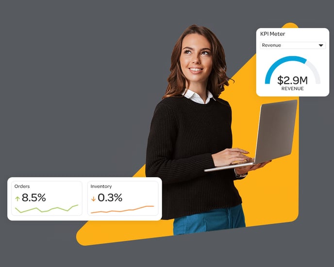 Woman looking to the top left corner while holding a laptop, with an orange background