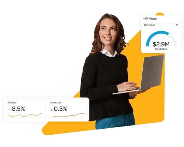 Woman looking to the top left corner while holding a laptop, with an orange background