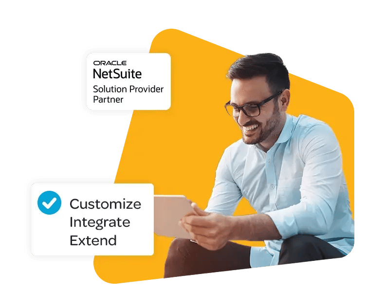 Man on tablet and NetSuite Solution Provider logo