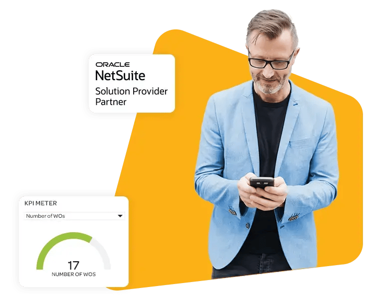 Warehouse worker with tablet and NetSuite Solution Provider logo
