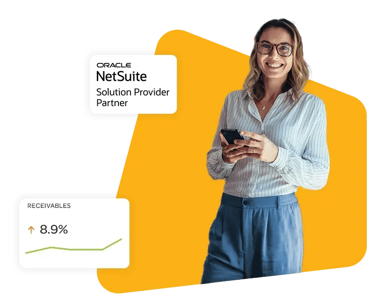 Woman with cell phone and NetSuite Solution Provider logo