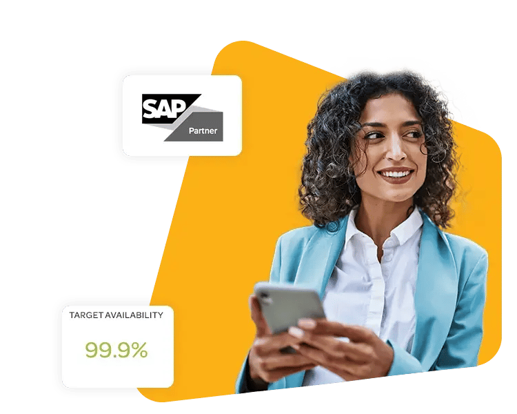 Woman with cell phone next to SAP Partner logo card