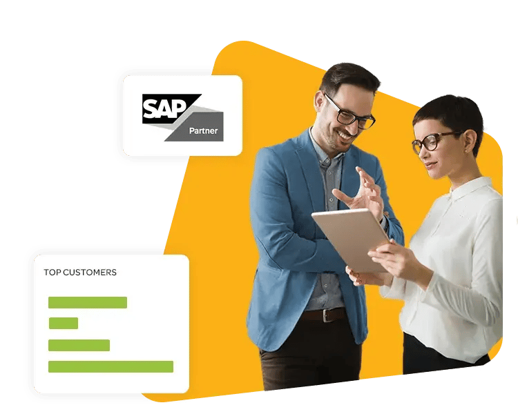 Business people talking with SAP Partner logo card