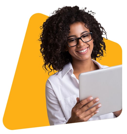 Woman using tablet on a yellow background