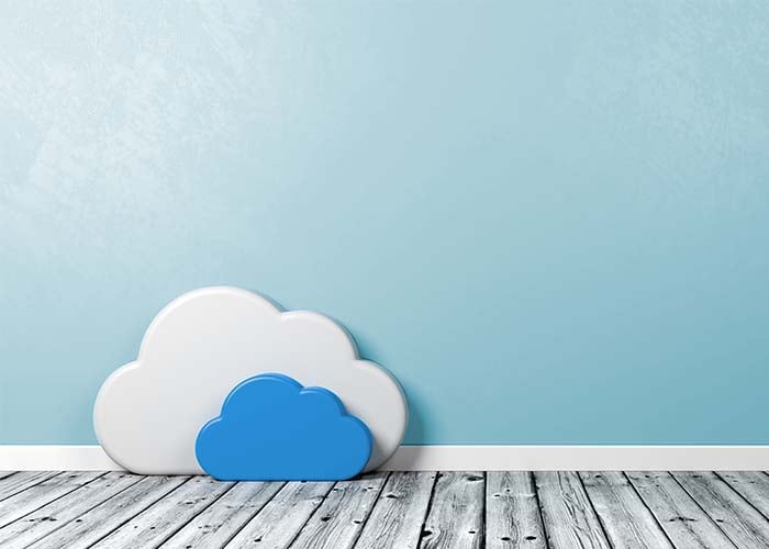 White cloud with a smaller blue cloud in front, representing data clouds.