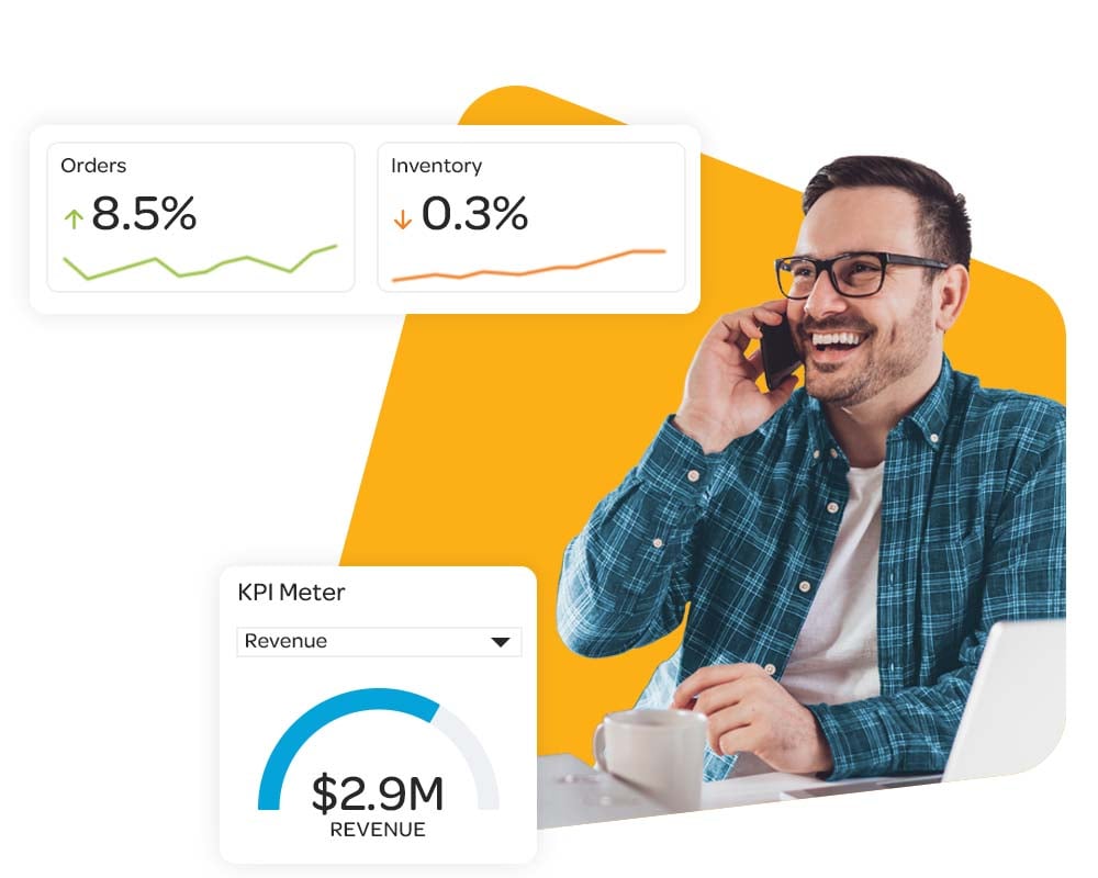 Smiling man on the phone surrounded by data KPIs on a yellow background