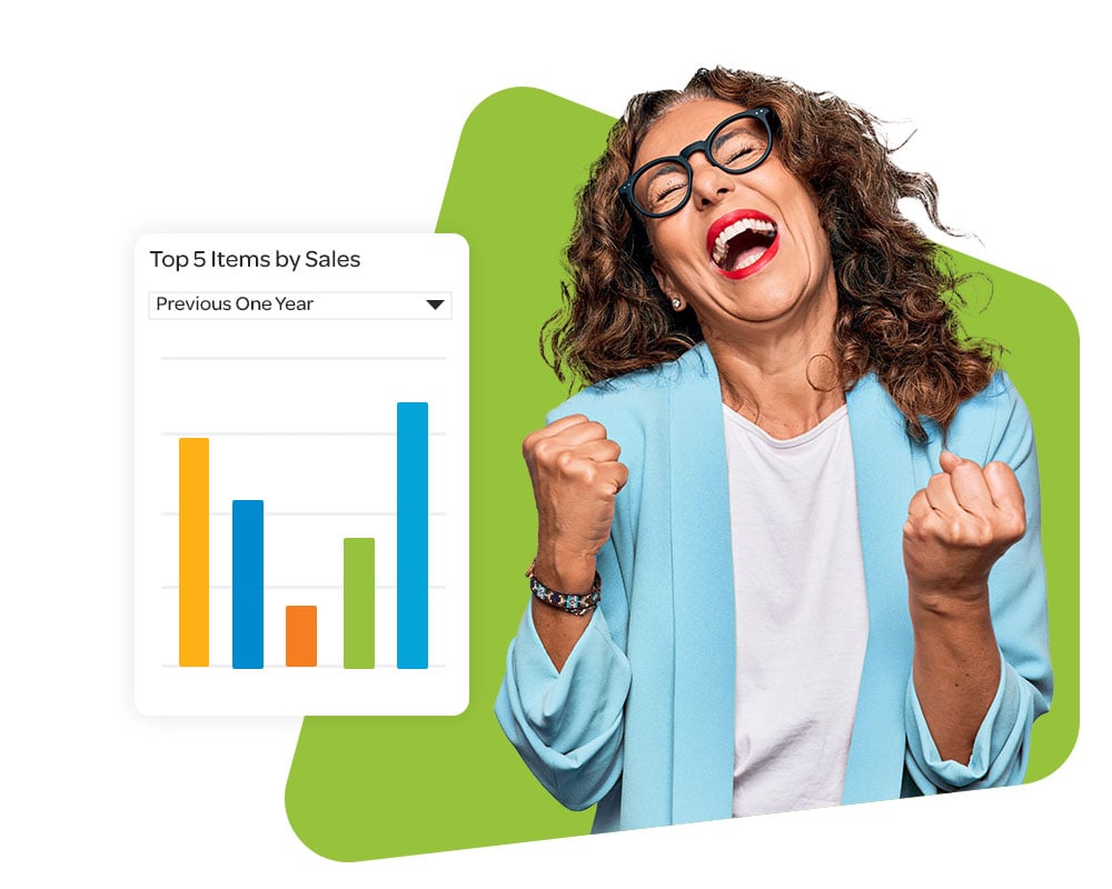Very happy woman next to a monthly payables trend chart.