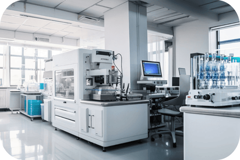 Scientific lab with analytical instruments and materials processing equipment