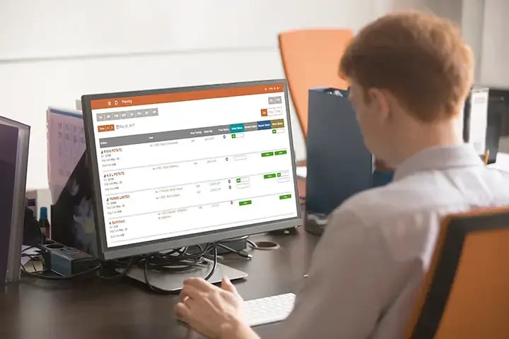 Back view of a person working on a computer with web-based production plant software visible on the screen