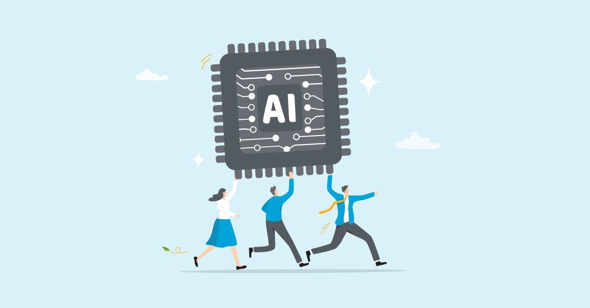 Illustration of team moving forward with AI