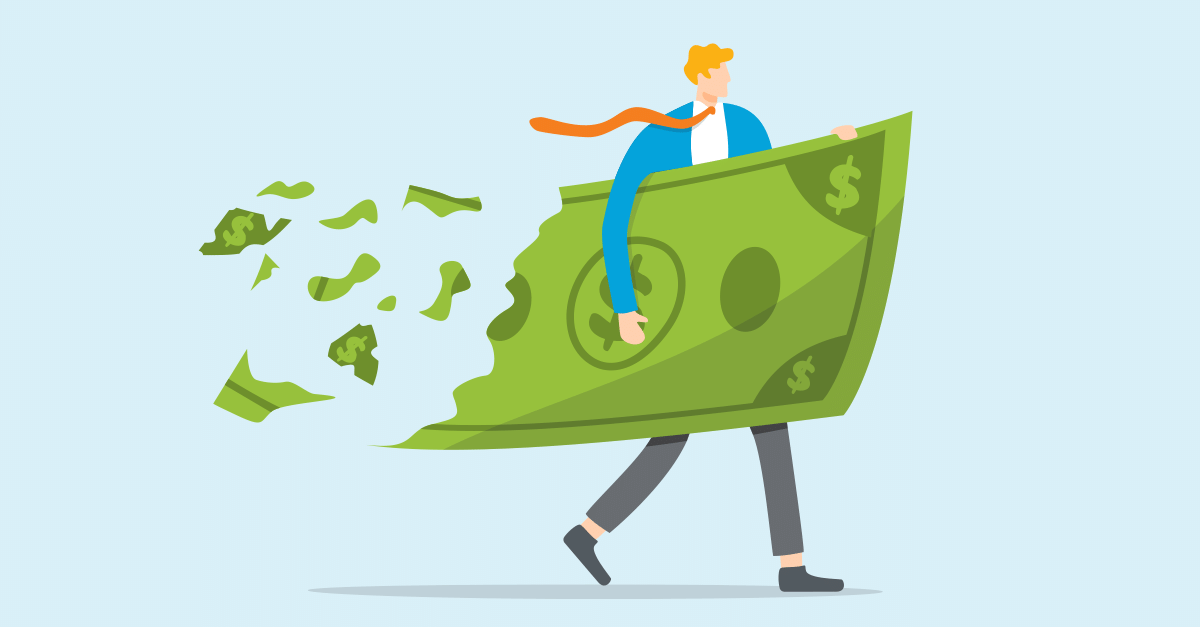 Illustration of business man carrying a disintegrating dollar bill